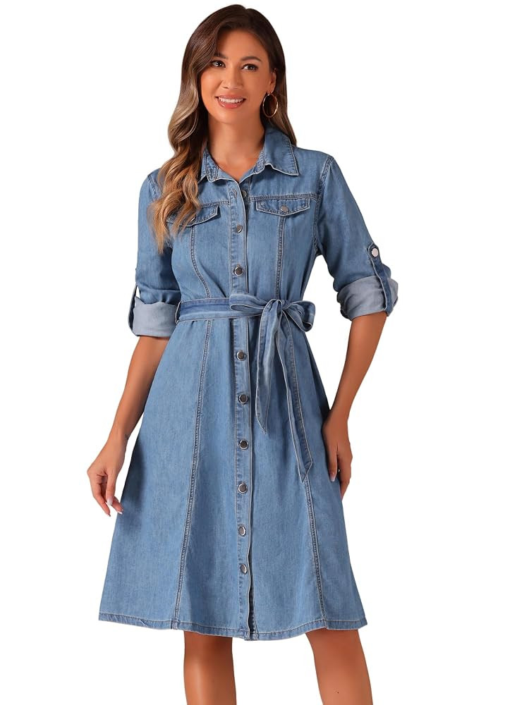 Allegra K Denim Dress for Women's Long Sleeve Button Down A-Line Belted Classic Jean Dresses | Amazon (US)