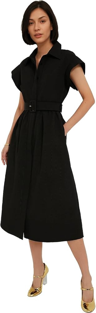 Jenkoon Women's Turn Down Collar Shirt Dress with Belt Short Sleeve Shell Trench Coat Formal Dres... | Amazon (US)