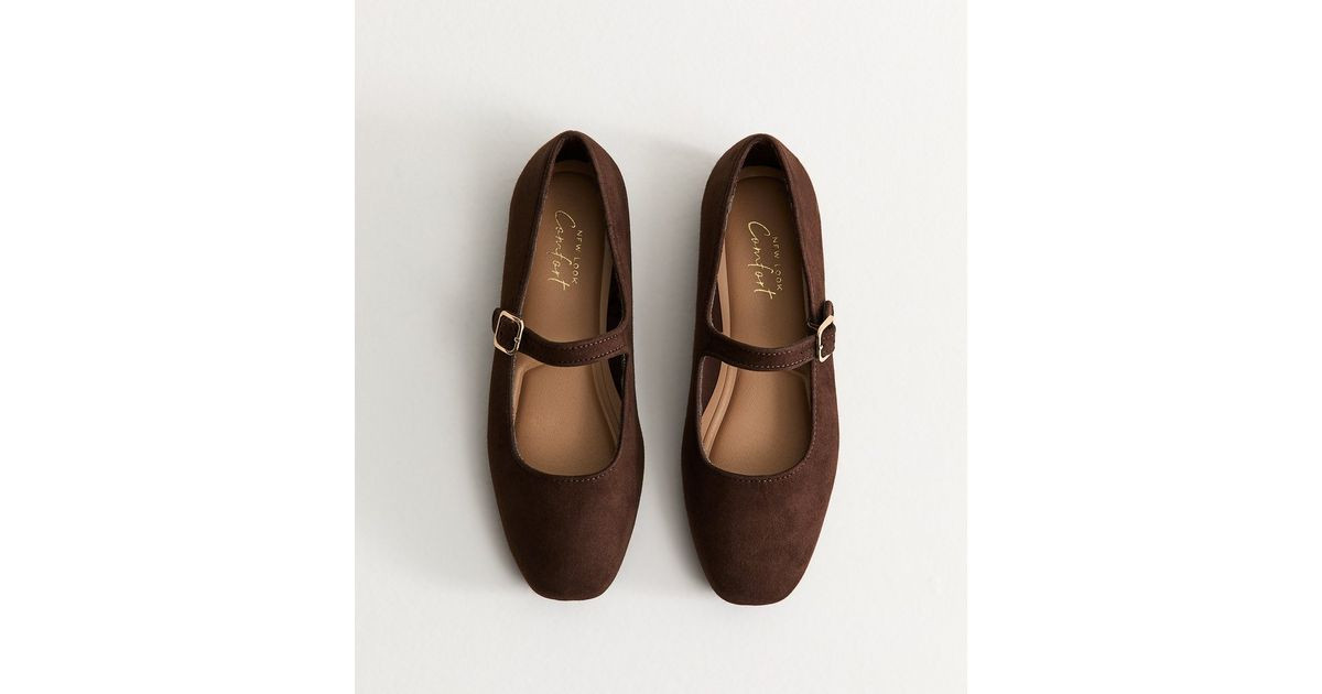 Women's Dark Brown Faux Suede Mary Jane Ballet Flats Vegan New Look | New Look (UK)