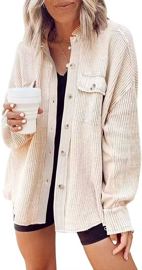 DARKRANI Women's Waffle Knit Shacket Boyfriend Shirt Jacket Long Sleeve Blouse Button Down Oversi... | Amazon (US)
