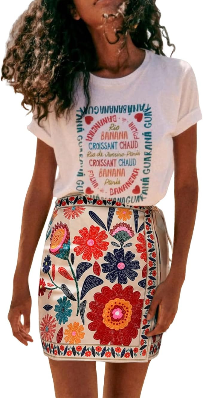 Womens Summer Floral Wrap Short Skirt Tie Side High Waist A Line Beach Vacation Boho Mini Skirt | Amazon (US)