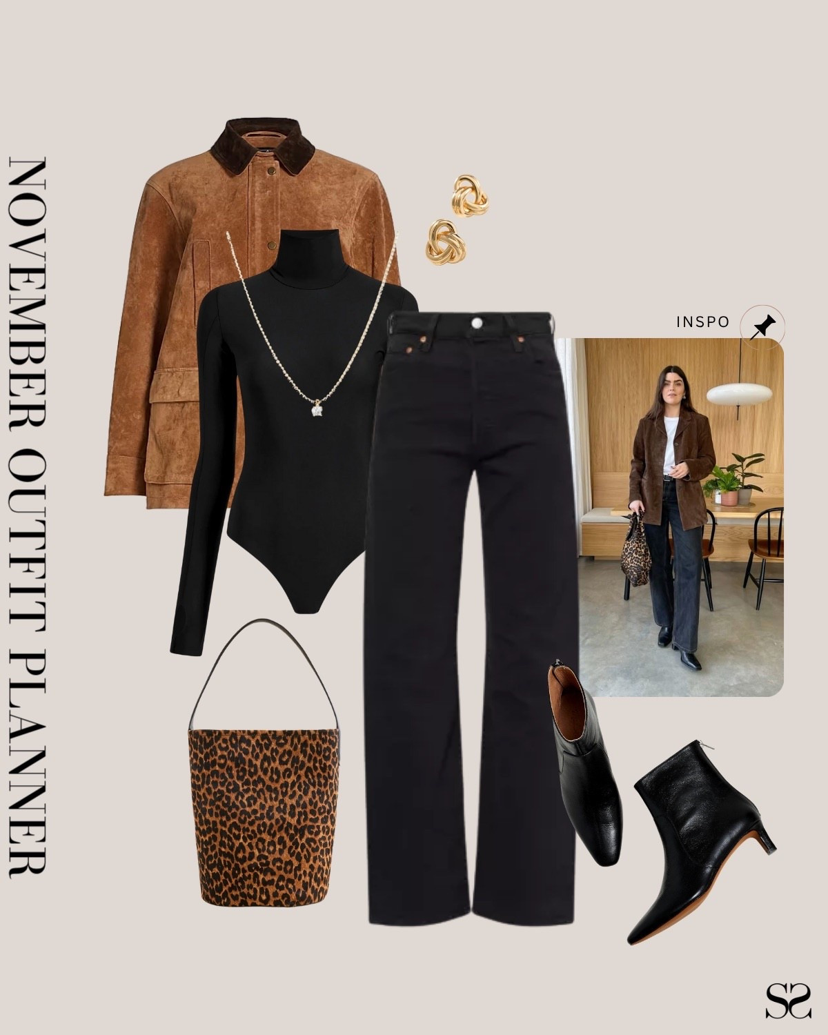Monthly outfit planner NOVEMBER: Fall outfits | turtleneck bodysuit, black jeans, suede barn jacket, leopard bag 

Image inspo credit: Anna Newton

#falloutfit #classicstyle #datenight 

#LTKSeasonal #LTKStyleTip