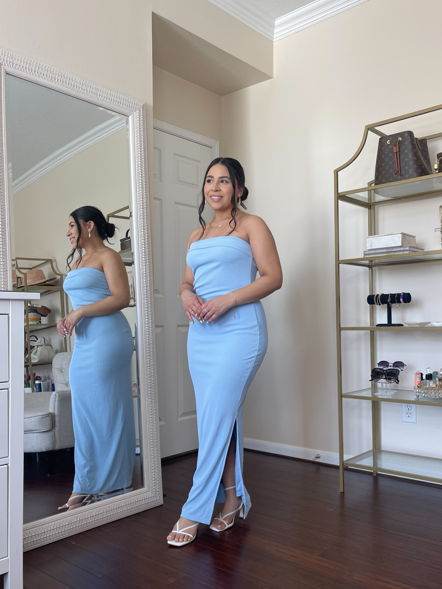 Spring wedding guest dress 
Strapless dress: medium 
White heels: 6.5 
Rhinestone earrings 
Gold rings 
Baguette ring 

#LTKfindsunder50 #LTKwedding #LTKstyletip