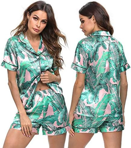 SWOMOG Womens Silk Satin Pajamas Set Short Sleeve Sleepwear Button Down Top and Shorts Loungewear... | Amazon (US)