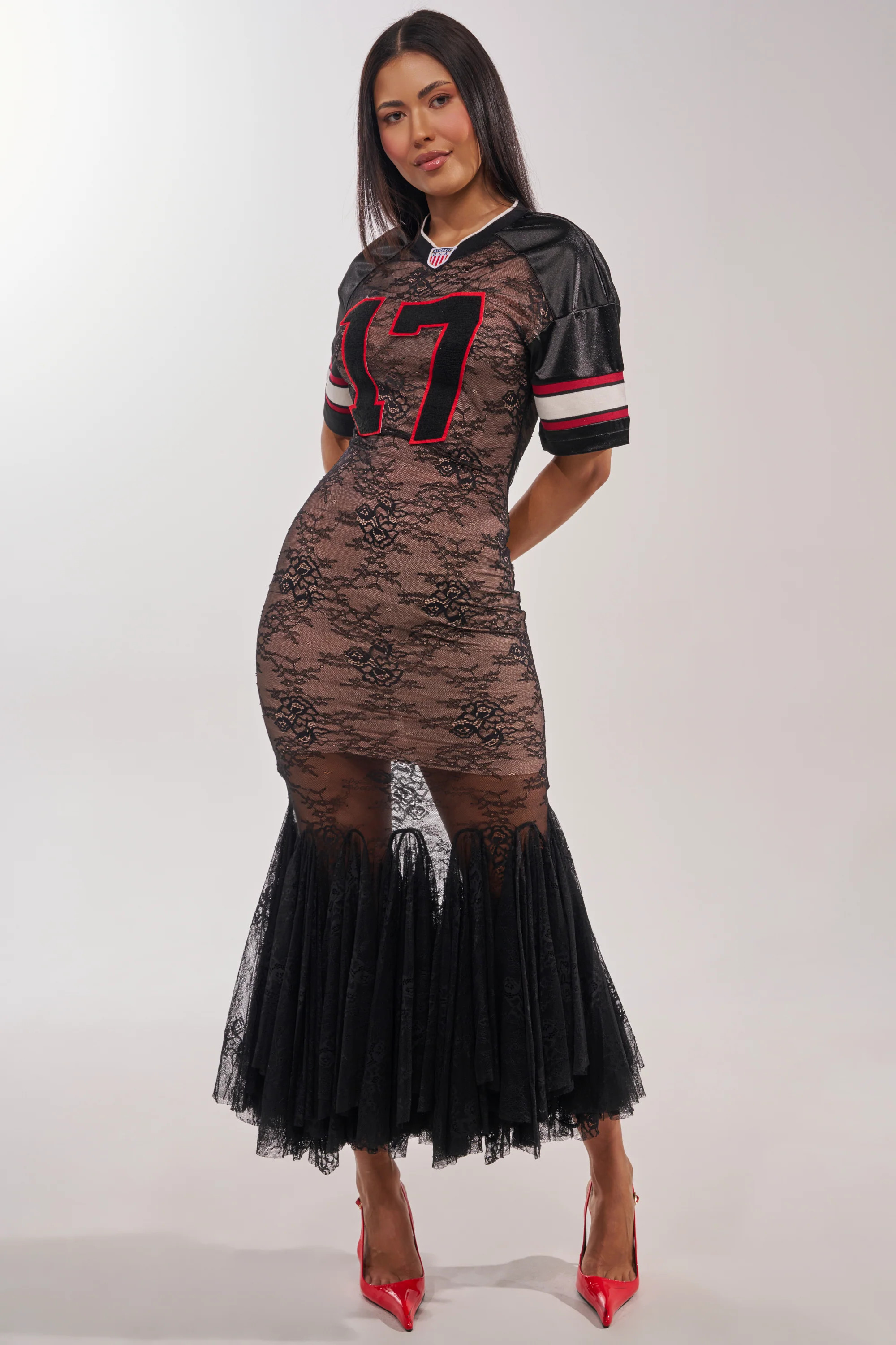 LAYUP LACE JERSEY MIDI DRESS IN BLACK | AKIRA