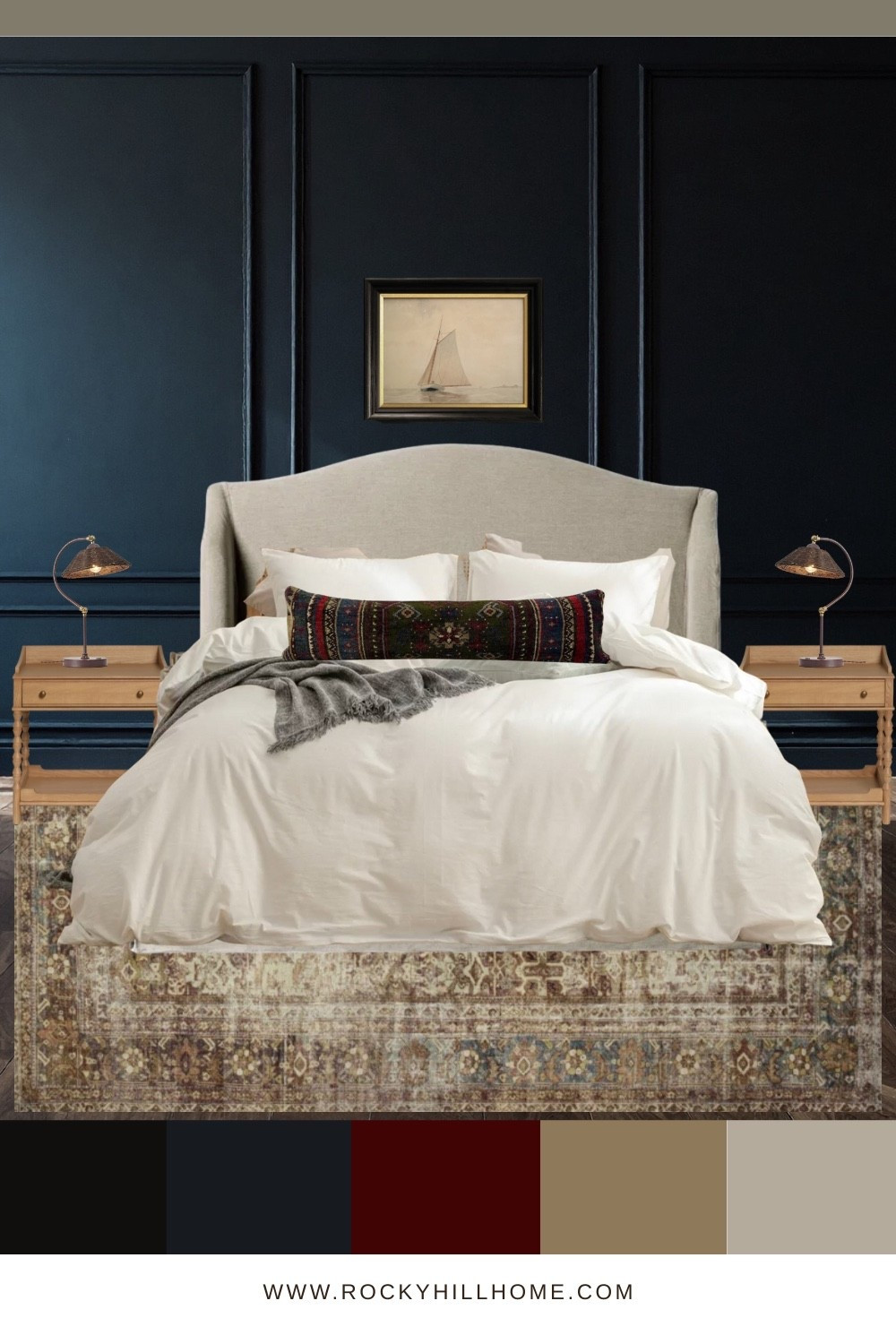 Modern Traditional Primary Bedroom Mood Board with dark blue walls, curved headboard bed, white bedding, antique rug lumbar pillow, lulu and georgia night stand, sailboat art, magnolia Joanna Gaines x Loloi rug

Paint Color Tip: Try Benjamin Moore Winding Waterway

#LTKHome #LTKStyleTip