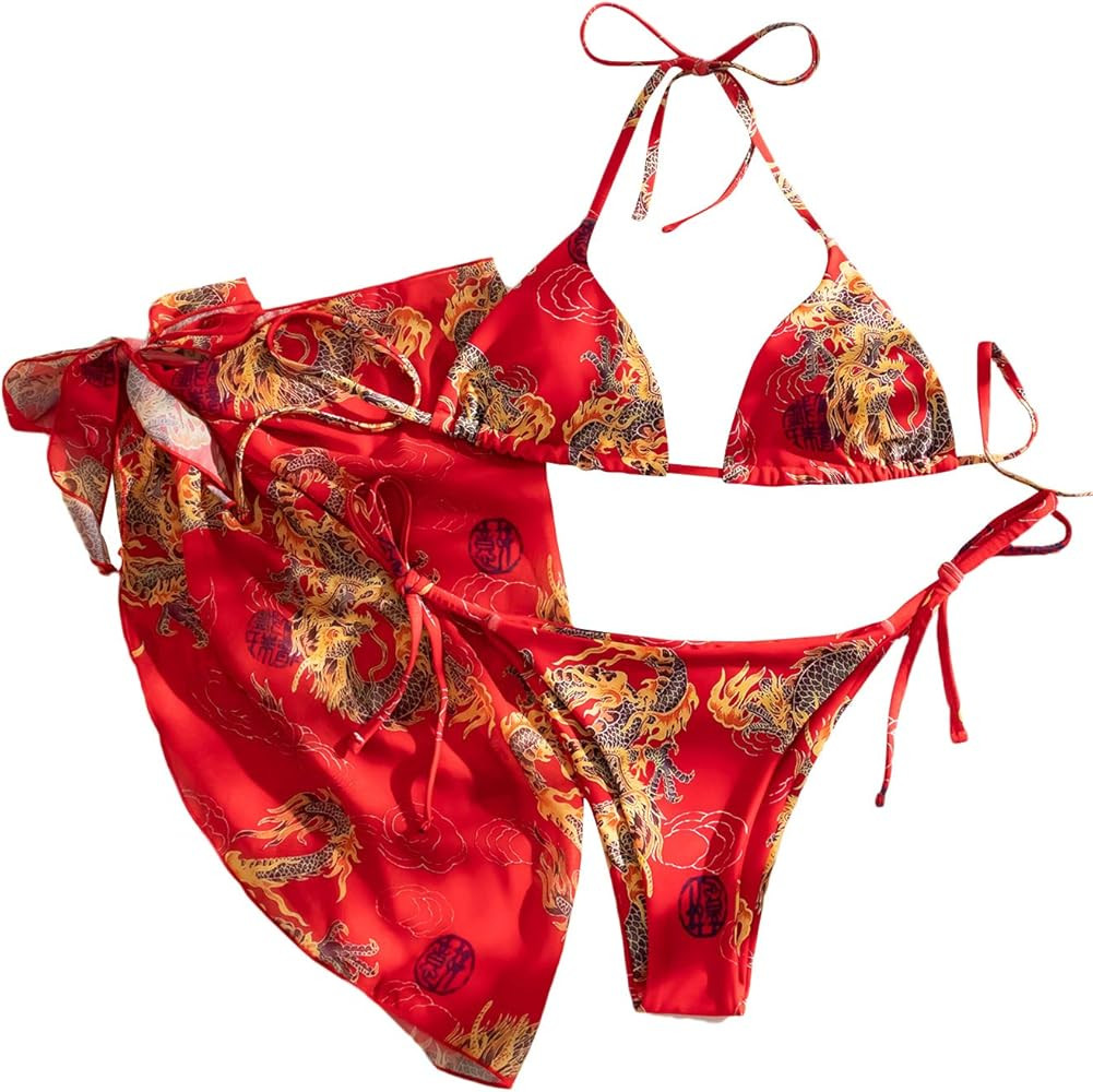 SweatyRocks Women's 3 Piece Swimsuit Halter Triangle Bra Bikini Set with Skirt | Amazon (US)