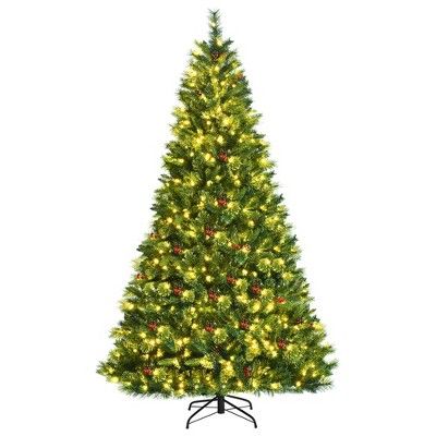 Costway 8ft Pre-lit Hinged Artificial Christmas Tree w/ Pine Cones & Red Berries | Target