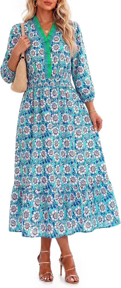 Wenrine Womens Long Sleeve Midi Dress Boho Floral V Neck Flowy Dresses | Amazon (US)
