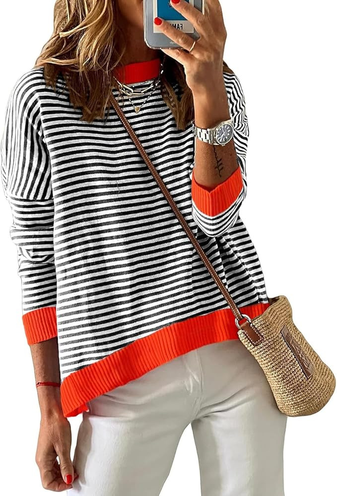 Women’s Striped Sweater Long Sleeve Crew Neck Ribbed Knit 2025 Fall Winter Pullover Sweater Top... | Amazon (US)