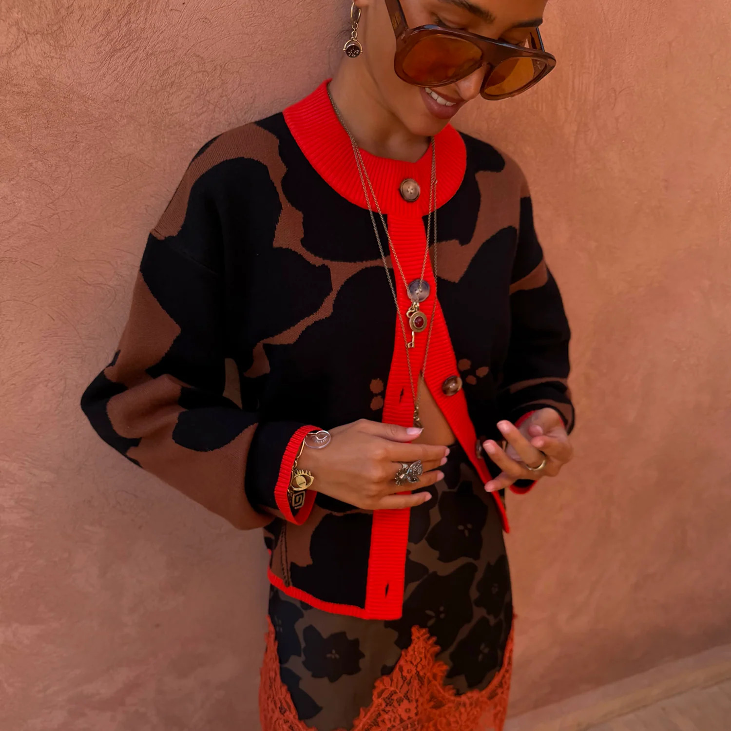 Tan Jaden Floral Jacquard Cardigan | Never Fully Dressed US