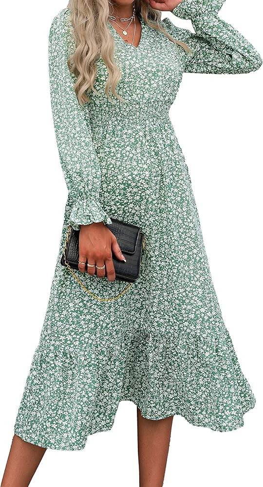 PRETTYGARDEN Women's Casual Long Sleeve Midi Fall Dress Boho Pleated V Neck Ruffled Vintage Floral P | Amazon (US)