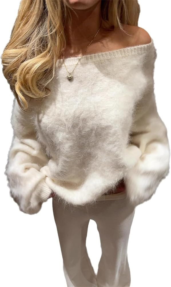 Karwuiio Women Mohair Off Shoulder Cropped Sweater Oversized Long Sleeve Tops Fluffy Cozy Fuzzy K... | Amazon (US)
