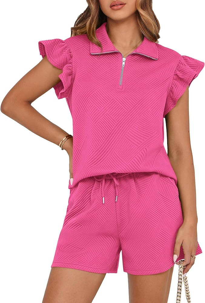 BTFBM Women's 2 Piece Outfits Sweatsuit Zipper V Neck Casual Ruffle Short Sleeve Tops and Drawstr... | Amazon (US)
