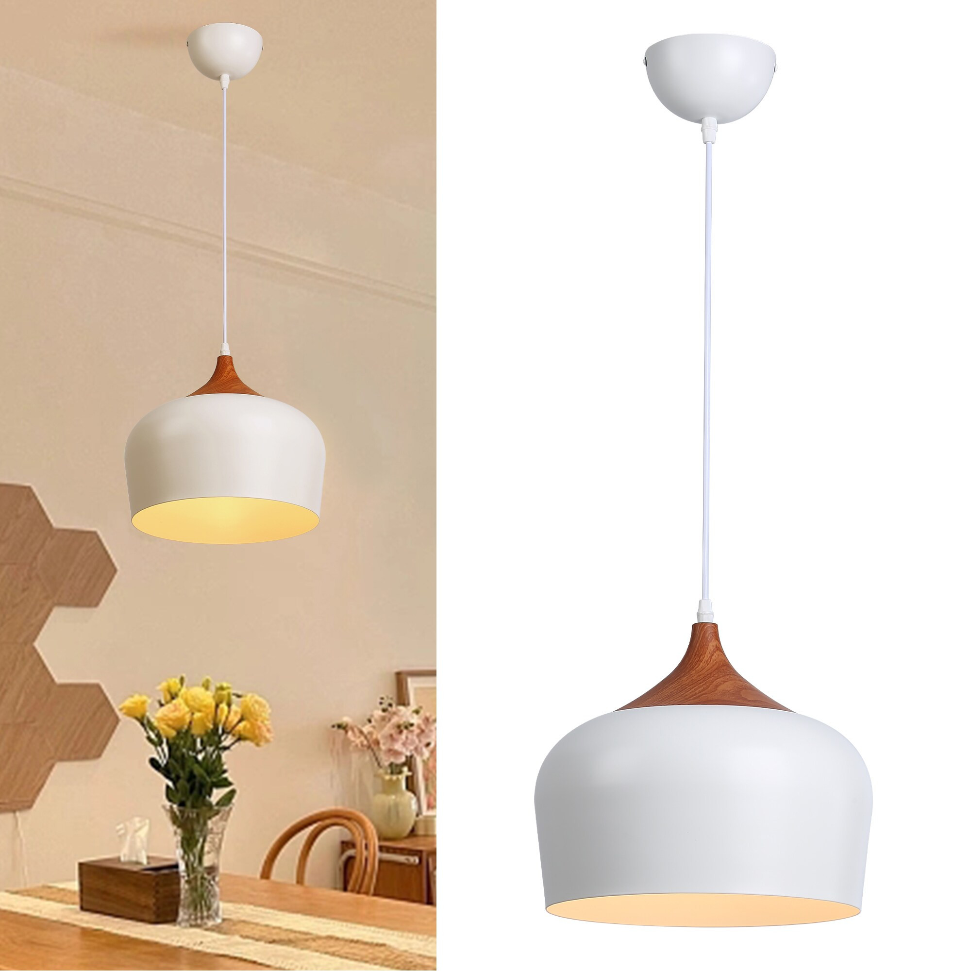 SUNLLOK wood metal pendant light 1 -Light white Industrial Wood Dome Medium Hanging Kitchen Island Light | LN3021-N | Lowe's