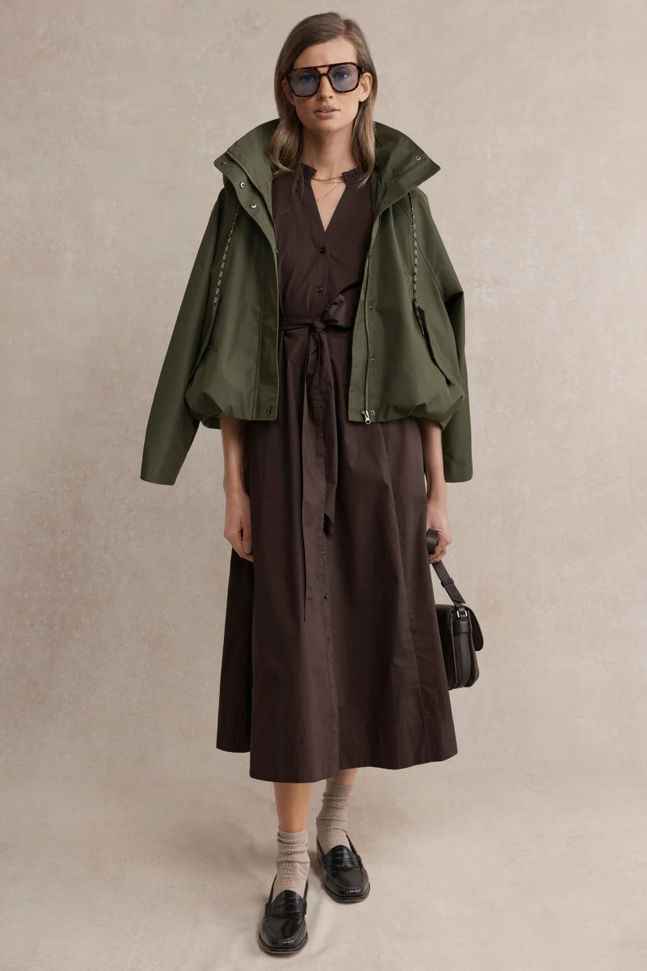 Billie Funnel Hooded Bomber Jacket - Soft Khaki | WYSE London