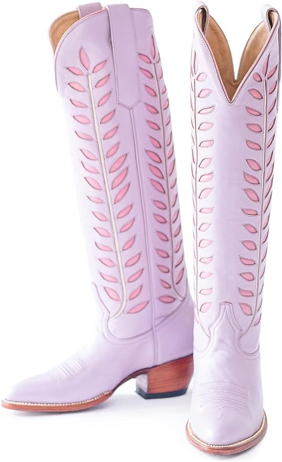 Embroidered Cowboy Boots for Women Almond Round Toe Chunky Heel Cowgirl Boots Pull On Knee High W... | Amazon (US)