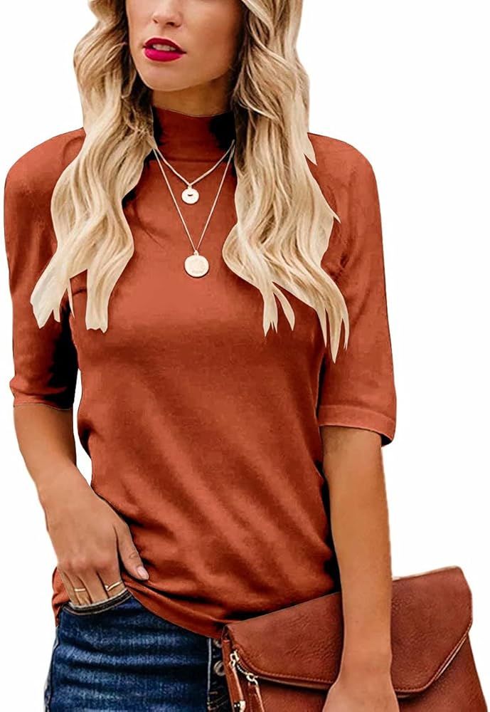 Lacozy Women's Mock Turtle Neck Tops Slim Fitted Half Sleeve Cute Plain T Shirt | Amazon (US)