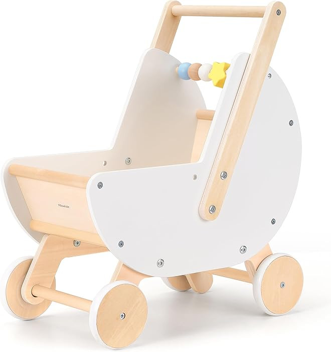 Wooden Baby Walker & Doll Stroller – Adjustable Handle Push Cart, Anti‑Tip, Quiet Wheels,... | Amazon (US)