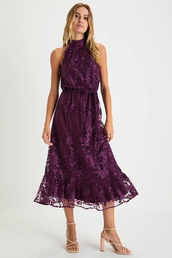 Abundant Glamour Purple 3D Floral Embroidered Halter Midi Dress | Lulus (US)