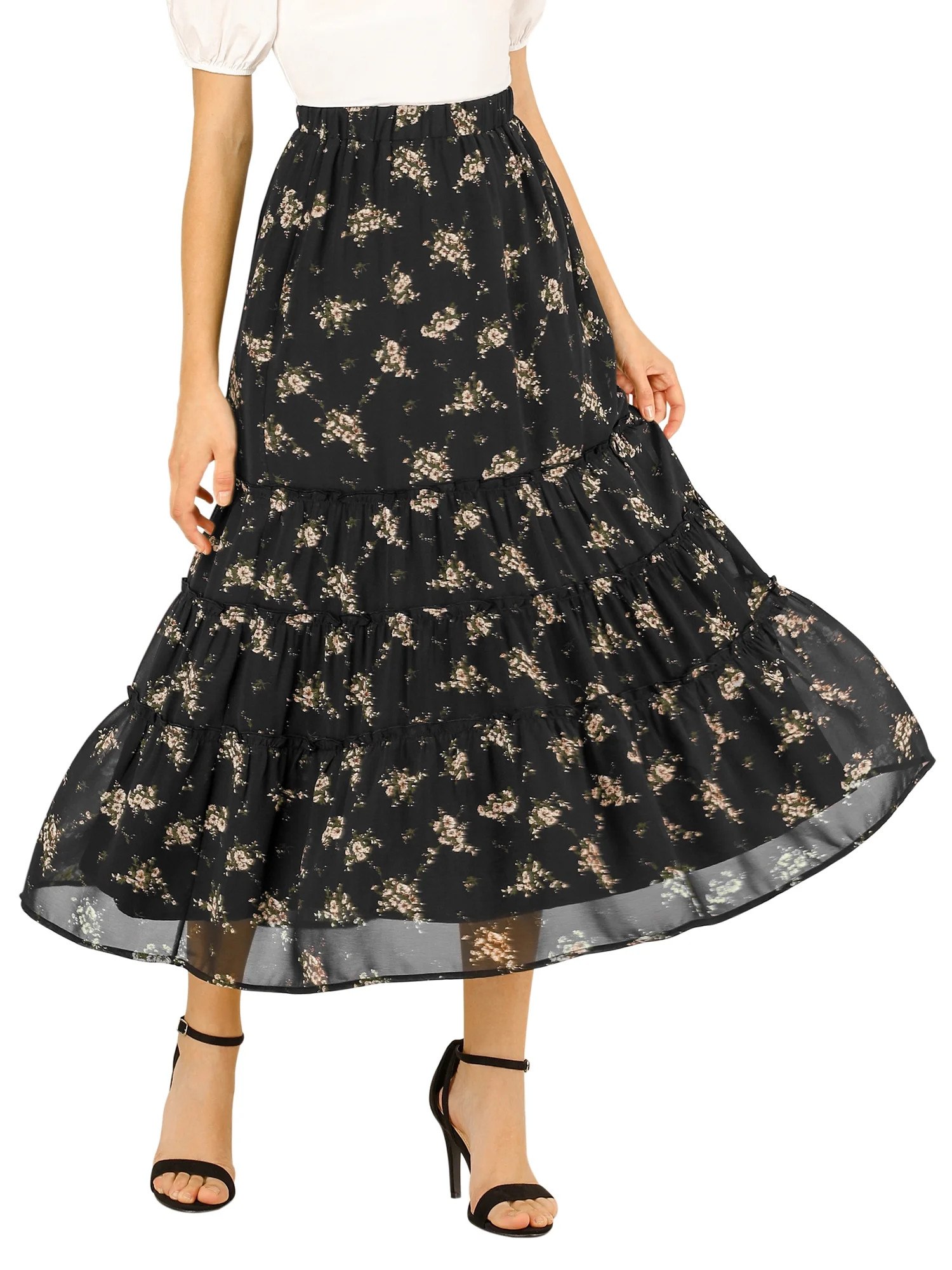Unique Bargains Women's Floral Elastic Waist Chiffon Tiered A-Line Maxi Skirt | Walmart (US)