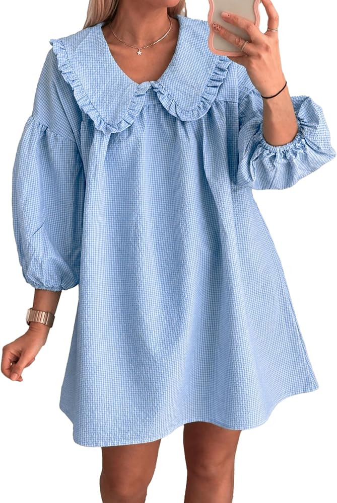 Ynhonra Women's Gingham Mini Dress 3/4 Puff Sleeve Babydoll Doll Collar | Amazon (US)