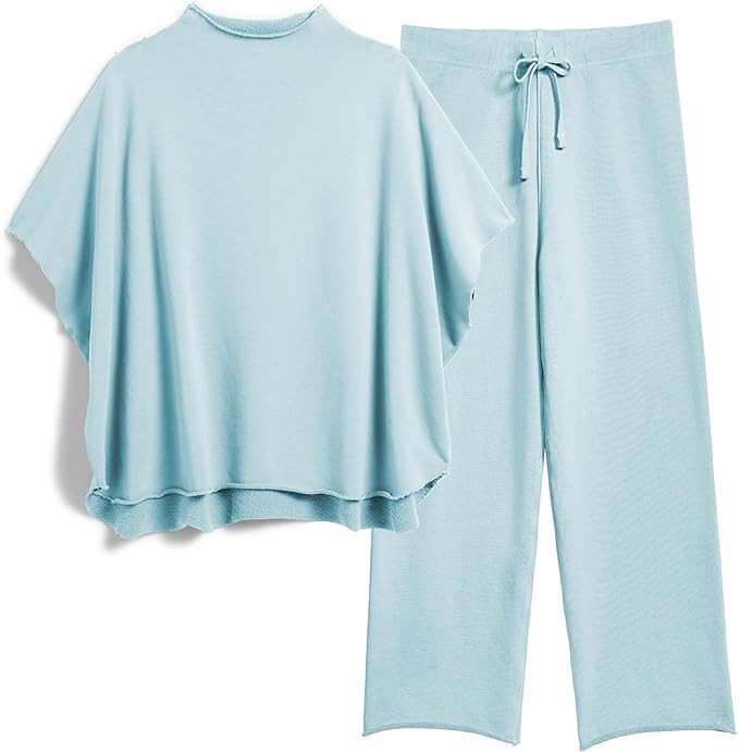 Women's Two Piece Outfits 3/4 Batwing Sleeve Capelet Crew Neck Pullover Top Wide Leg Pants Lounge... | Amazon (US)