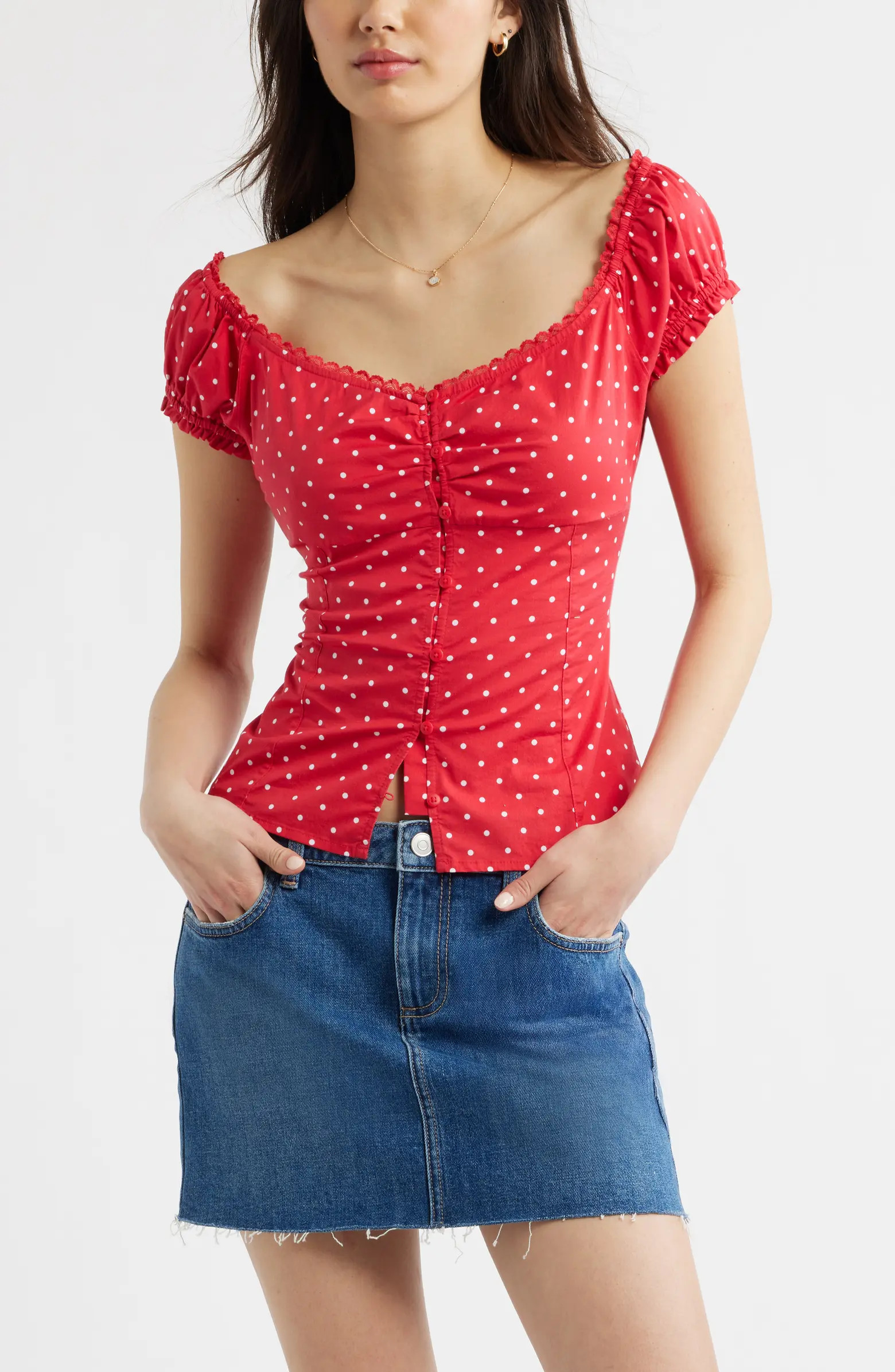 BP. Lace Trim Stretch Cotton Button-Up Top | Nordstrom | Nordstrom