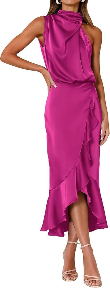 KIRUNDO Womens 2024 Summer Satin Mock Neck Party Cocktail Midi Dress Sleeveless Wrap Ruffle Merma... | Amazon (US)