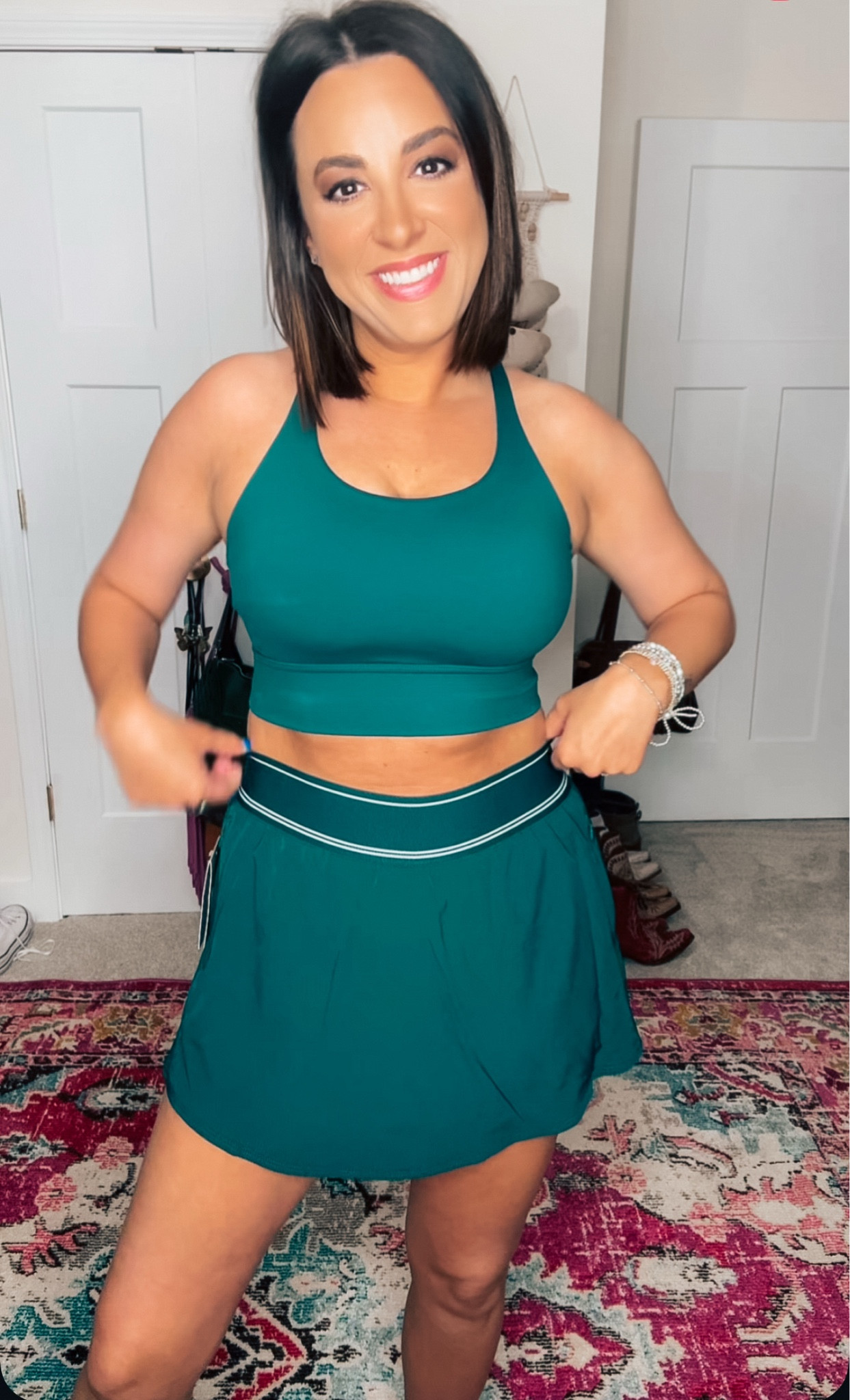 Walmart all look like set skort and a medium sports bar in a large and a 34 double D ￼/ workout outfit 

#LTKActive #LTKfitnessgoals #LTKmomlife