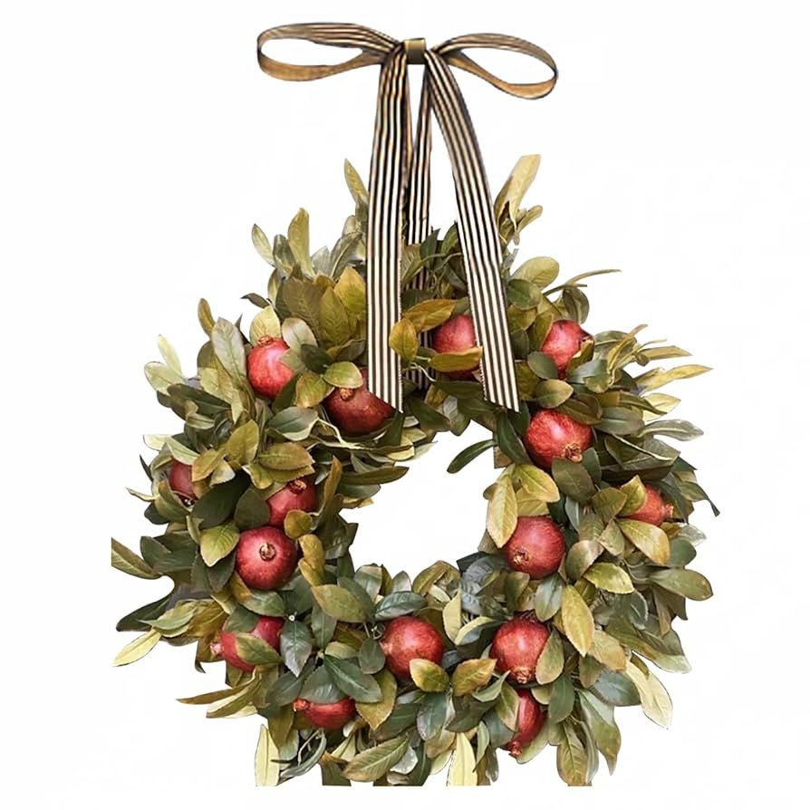 18" Thanksgiving Fall Wreath, Autumn Harvest Red Pomegranate Fruit Leaf Ribbon Wreath Holiday for... | Amazon (US)