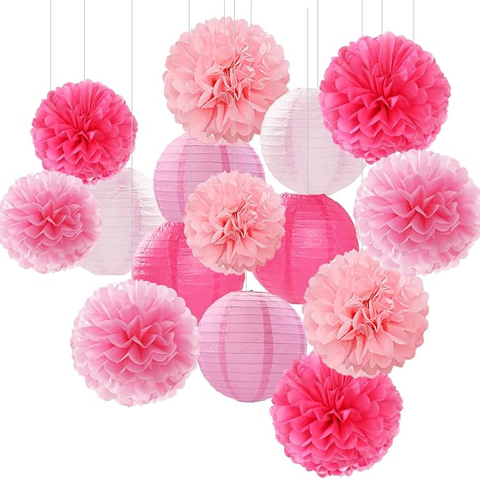 Light-Hot Pink Party-Decorations Paper-Flowers Lanterns - 15pcs Graduation Girl Birthday Decor Ti... | Amazon (US)