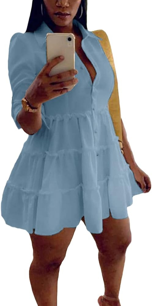 Women Casual Dresses Summer 3/4 Sleeve Button Down Solid Midi Patchwork Dress | Amazon (US)