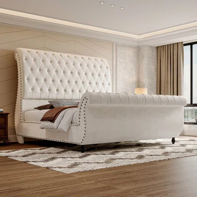 Upholstered Wingback Sleigh Bed with Deep Button Tufting and Nailhead Trim | Wayfair North America