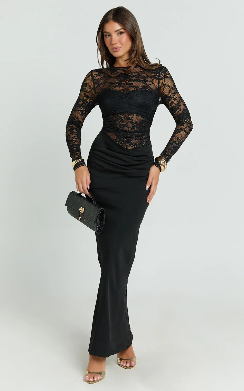 Crisanta Maxi Dress - Long Sleeve Contrast Lace Bodycon Dress in Black | Showpo (US, UK & Europe)