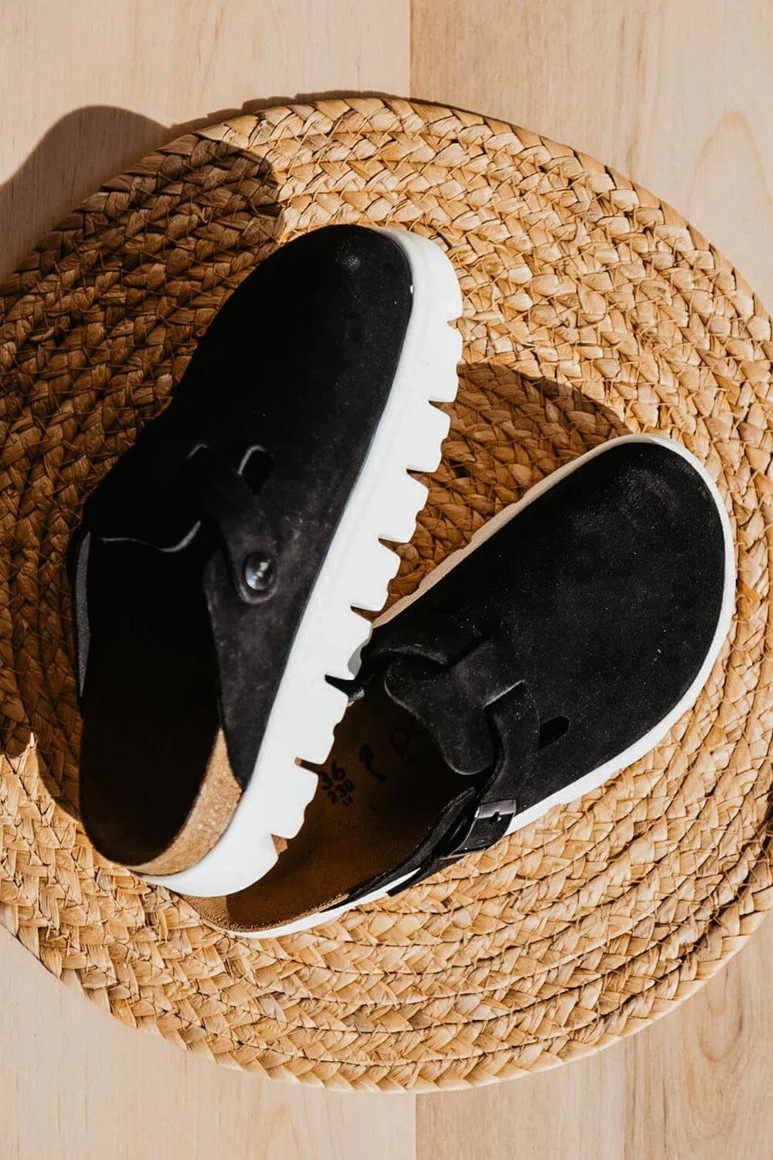 Papillio by Birkenstock Boston Chunky Suede Leather Clogs for Women in Black | Glik's