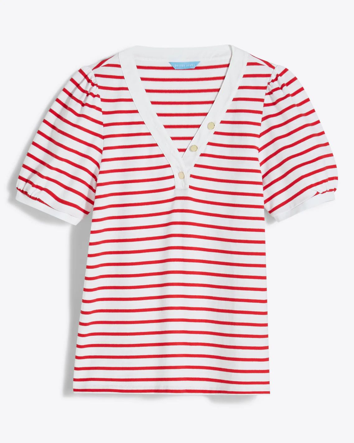 V-Neck Puff Short Sleeve T-Shirt in Lipstick Red Mariner Stripe | Draper James (US)