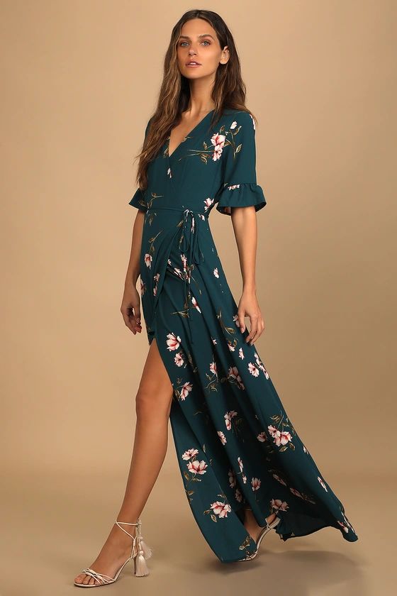 September Sunsets Dark Teal Floral Print Wrap Maxi Dress | Lulus (US)