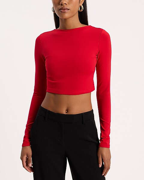 Crew Neck Long Sleeve Open Back Cropped Tee | Express