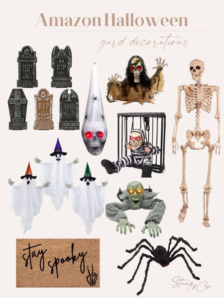 Check out this Halloween yard decor from Amazon, including a life size skeleton, tombstones, mummies, hanging ghosts, giant spiders, and a spooky doormat. 

#LTKSeasonal #LTKhome #LTKunder50