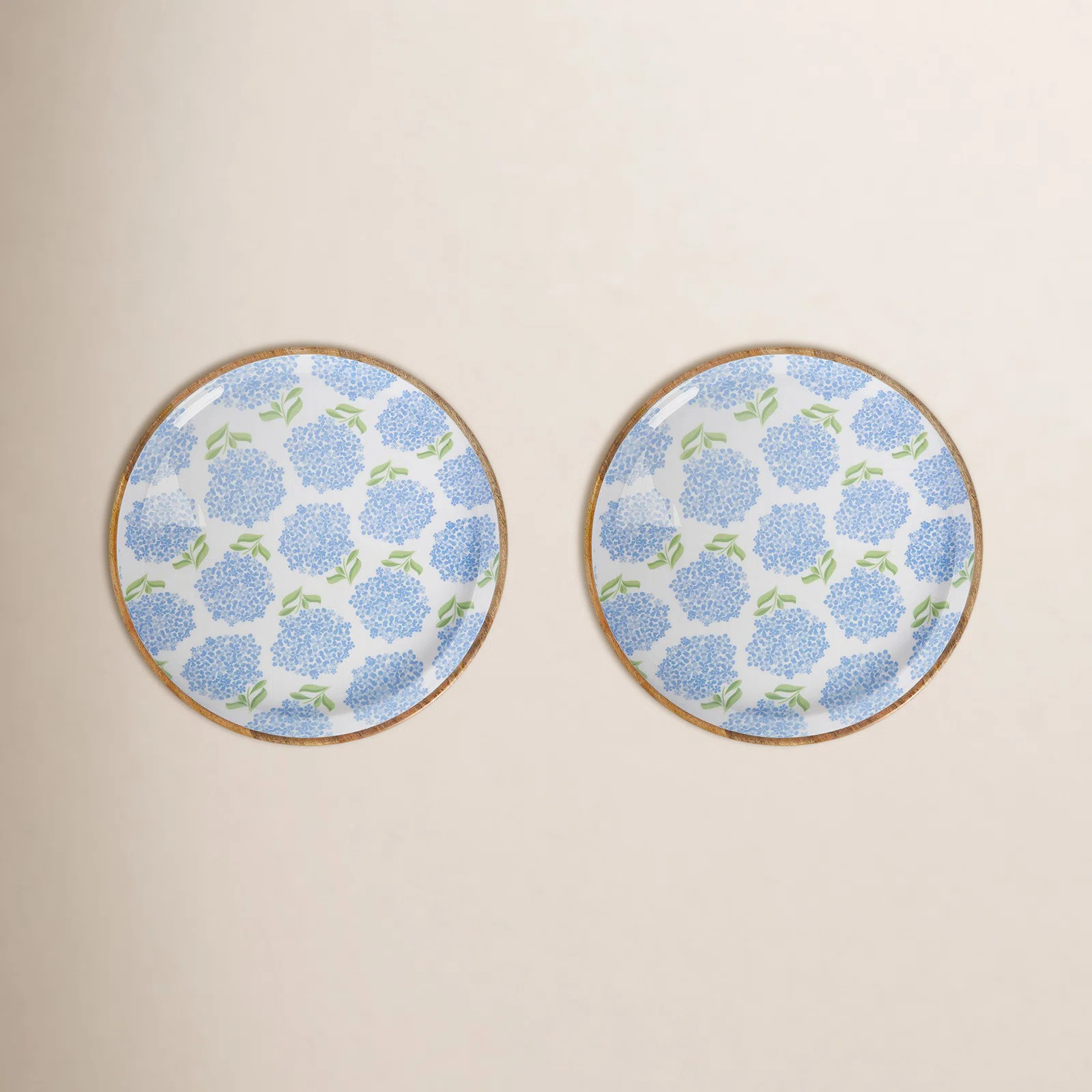 Hydrangea Set Of 2 Hand-Crafted Wood Round Tray | Birch Lane