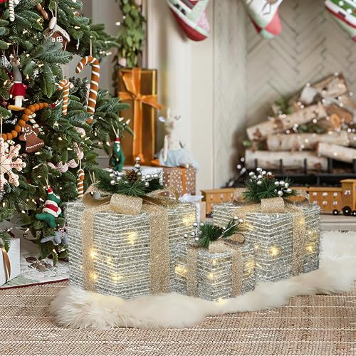 LuxenHome Set of 3 Lighted Gift Boxes, Battery Operated Silver Tinsel with Gold Ribbon Bow Boxes for Xmas, Lawn, Porch, Under Tree Indoor, Outdoor Christmas Decorations | Amazon (US)