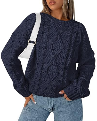 BTFBM Casual Women Long Sleeve Sweater 2024 Fall Ribbed Knit Pullover Loose Crewneck Cable Sweater Jumper Tops(Solid Navy,X-Large) | Amazon (US)
