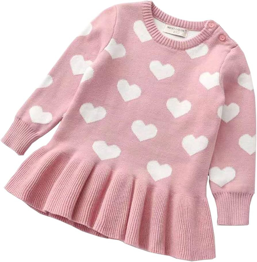 Toddler Baby Girl Valentine's Day Outfit Long Sleeve Heart Knitted Ruffle Sweater Dress Valentine... | Amazon (US)