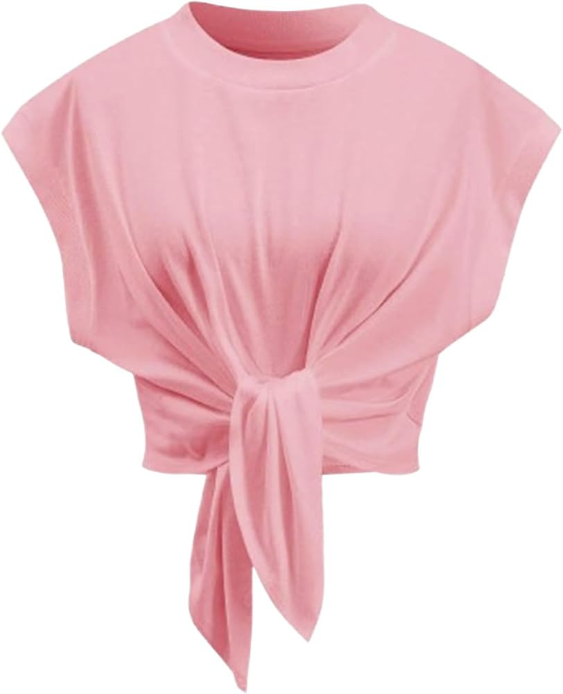 Womens Solid Ruched Tie Front T Shirt Summer Basic Tee Shirts Cap Sleeve Crop Tops Outfits | Amazon (US)
