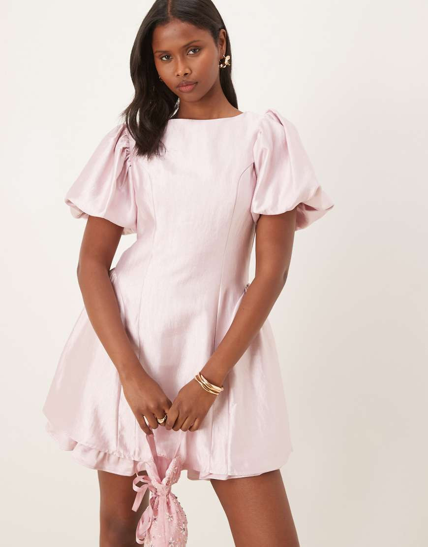 Sister Jane puff sleeve ruffle mini dress in light pink | ASOS (Global)