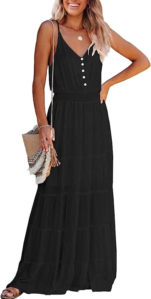 PRETTYGARDEN Women's Causal Summer Dress Spaghetti Strap Sleeveless High Waist Beach Long Maxi Dress | Amazon (US)