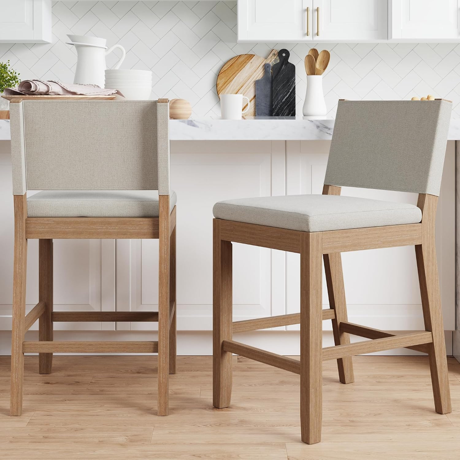 Nathan James Linus Modern Upholstered Counter Height Bar Stool with Back and Solid Rubberwood Legs in a Wire-Brushed Light Brown Finish, Natural Flax/Brown, Set of 2 | Amazon (US)