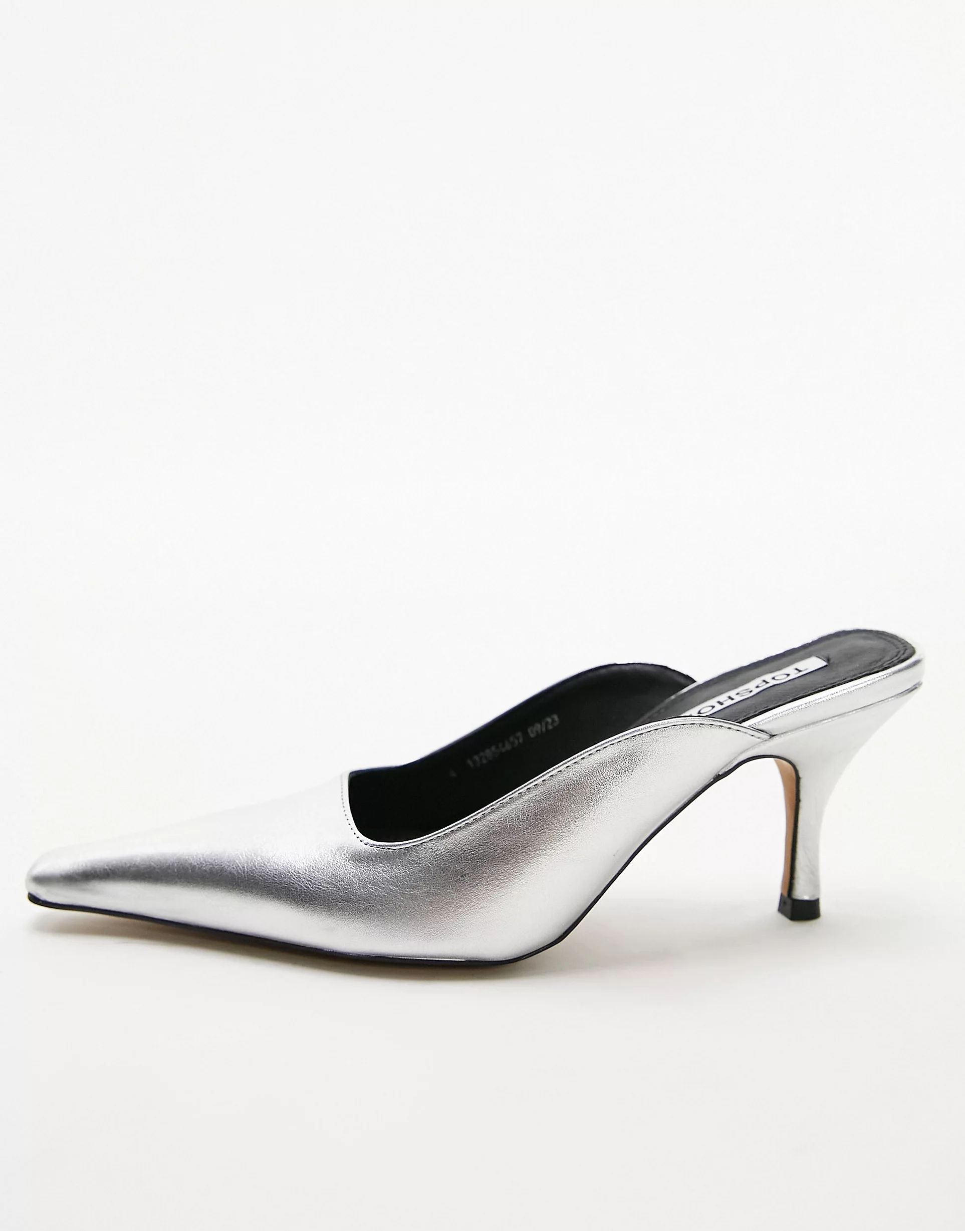 Topshop Etta premium leather pinched toe mid heel court shoe in silver | ASOS (Global)