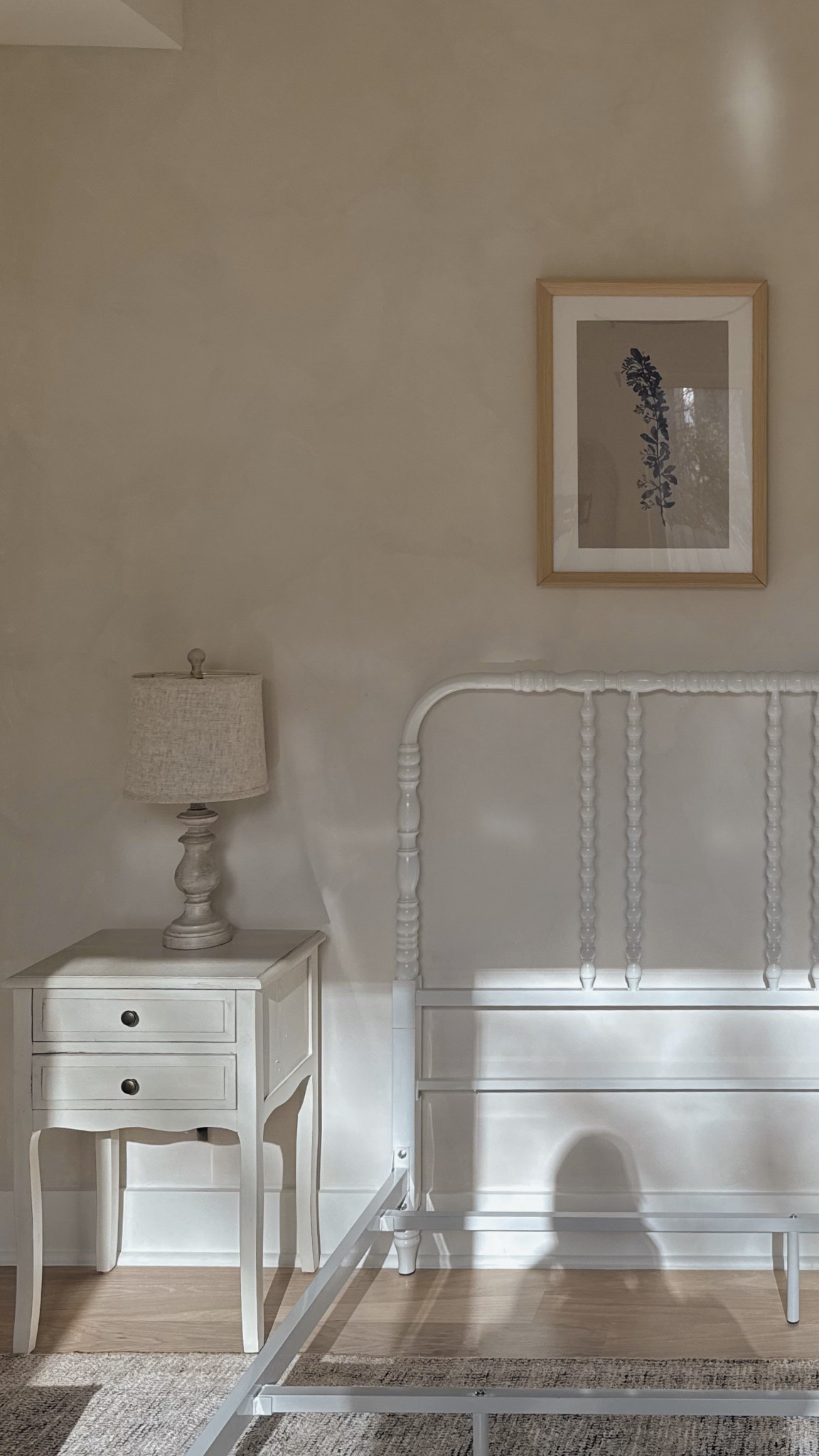 Neutral bedroom, ivory cream nightstand, cream metal bed, blue floral art, Wayfair 

#LTKHome